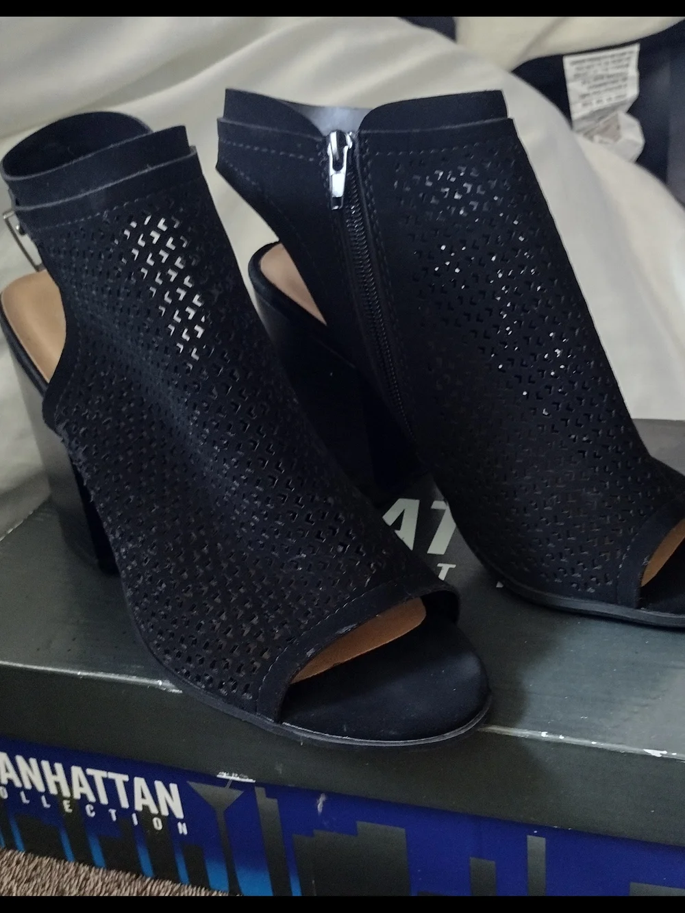 Women's Black Perforated Peep-Toe Ankle Booties Side Zip Adjustable Buckle Sz9